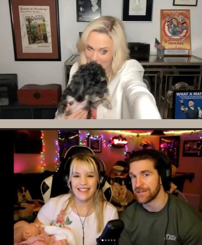 Split-screen video: woman with dog; family with baby