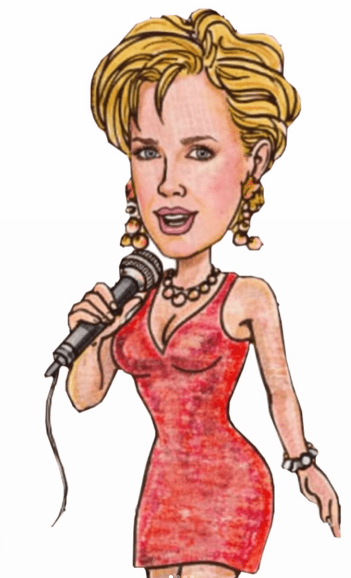 Blonde singer caricature in red dress