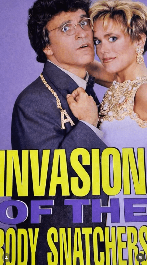 Glamorous couple on vintage sci-fi movie poster